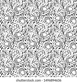 Coloring page with cartoon forest elements. Floral pattern with forest leaves, acorn, branches. Kawaii coloring book for adults and children