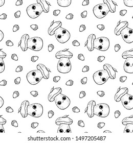 Coloring page with cartoon forest mushrooms. Pattern with Boletus, acorn, branches. closed eyes. Kawaii coloring book for adults and children