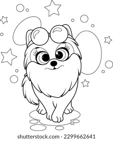 Coloring page. Cartoon funny dog, pomeranian spitz with glasess