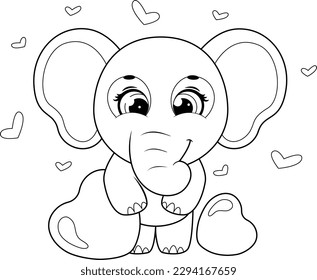Coloring page. Cartoon gentle elephant with hearts