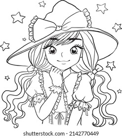 coloring page cartoon girl wearing a hat doodle kawaii manga illustration clipart kid drawing character