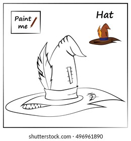 Coloring page cartoon hat. Educational for child. Paint me. Halloween orange paint hat with feather. Coloring cartoon book.