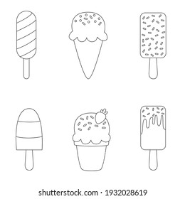 Coloring page with cartoon ice creams. Set of black and white ice creams.