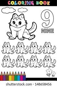 Coloring page cartoon illustration of a Number. 9 with a circus for children's education and fun.