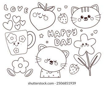 coloring page cartoon kawaii sticker set. cute sticker and doodle for coloring book