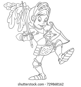 Coloring Page Of Cartoon Knight With Shield And Sword. Coloring Book Design For Kids And Children.