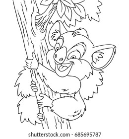 Coloring page of cartoon koala bear climbing the tree. Coloring book design for kids and children.