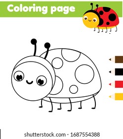 Coloring page with cartoon ladybug. Drawing kids activity. Printable fun for toddlers and children. Insects theme