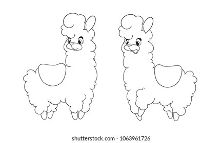 Coloring page of cartoon lama. Vector illustration, coloring book for kids.
