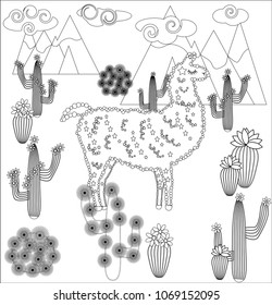 Coloring page of cartoon lama. Vector illustration, coloring book for kids.