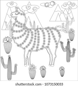 Coloring page of cartoon lama. Vector illustration, coloring book for kids.