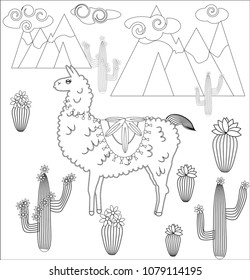 Coloring page of cartoon lama. Vector illustration, coloring book for kids.