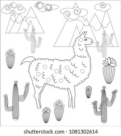 Coloring page of cartoon lama. Vector illustration, coloring book for kids.