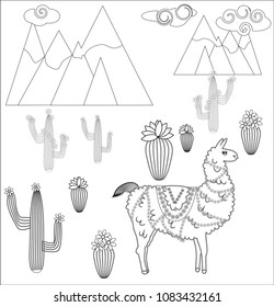 Coloring page of cartoon lama. Vector illustration, coloring book for kids.