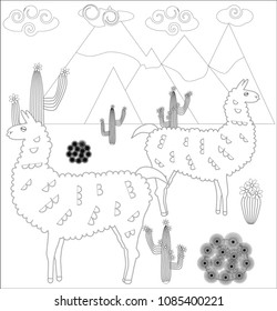 Coloring page of cartoon lama. Vector illustration, coloring book for kids.