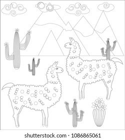 Coloring page of cartoon lama. Vector illustration, coloring book for kids.