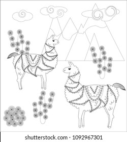 Coloring page of cartoon lama. Vector illustration, coloring book for kids.