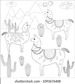 Coloring page of cartoon lama. Vector illustration, coloring book for kids.