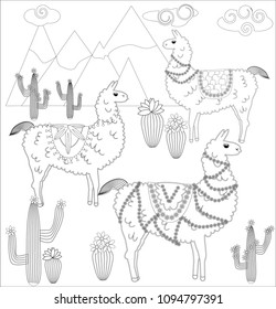 Coloring page of cartoon lama. Vector illustration, coloring book for kids.