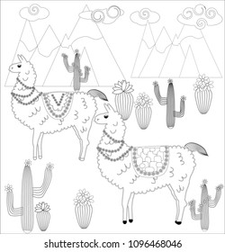 Coloring page of cartoon lama. Vector illustration, coloring book for kids.