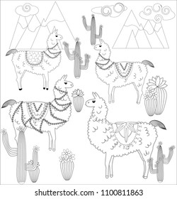 Coloring page of cartoon lama. Vector illustration, coloring book for kids.