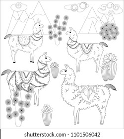 Coloring page of cartoon lama. Vector illustration, coloring book for kids.