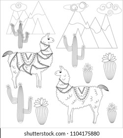 Coloring page of cartoon lama. Vector illustration, coloring book for kids.