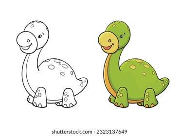 Coloring page with cartoon line dinosaur. Children education activity page. Paint coloring book. Vector drawing worksheet with cute animals.