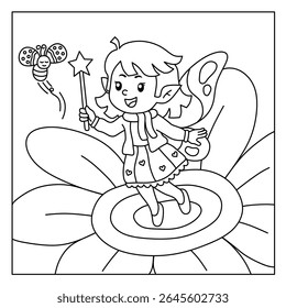 coloring page cartoon little fairy flying on sunflower with magic wand
