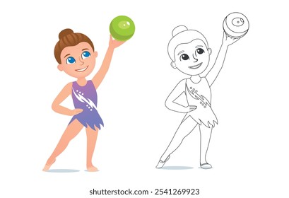 Colorir página com uma menina de ginasta de desenho animado. Ginástica rítmica infantil exercitando bola. Crianças bonitas tendo exercícios de ginástica rítmica, participando de competições. Conjunto de vetores desportivos