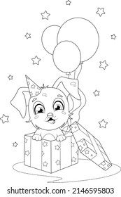 Coloring page. Cartoon little puppy sitting in a gift box with balloons