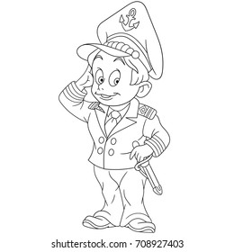 Coloring page of cartoon marine captain, navy sailor. Coloring book design for kids and children.