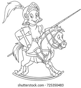 Coloring Page Of Cartoon Medieval Knight Riding A Horse. Coloring Book Design For Kids And Children.