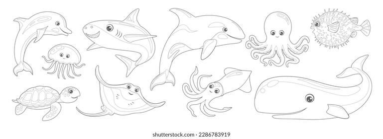 Coloring page of cartoon ocean fish and animals. Vector illustration of stingray, hedgehog fish, squid, octopus, killer whale, jellyfish, turtle, dolphin, shark. Outline coloring book for children.