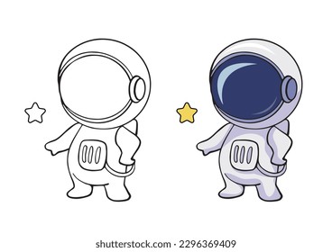 Coloring page with cartoon outline astronaut. Printable art education colouring template for book. Vector activity drawing worksheet with cute space cosmonaut.