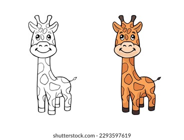 Coloring page with cartoon outline giraffe. Printable art education paint colouring template for book. Vector activity drawing worksheet with cute African animals.