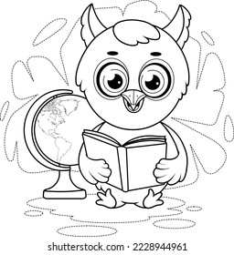 Coloring page. Cartoon owl with a book and a globe