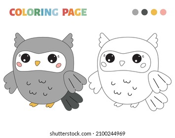 Coloring page with cartoon owl. Educational game for preschool children. Black and white line art. Colouring and colored designs. Cartoon animal on white background. Vector illustration.