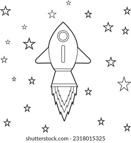 Coloring page of a Cartoon rocket flying in space with stars. Illustration for coloring page for kids