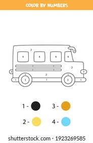 Coloring page with cartoon school bus. Color by numbers. Math game for kids.
