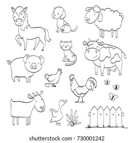 coloring page with cartoon set of farm animals isolated on white. vector illustration