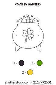  Coloring page with cartoon shamrock cauldron. Color by numbers. Math game for kids.