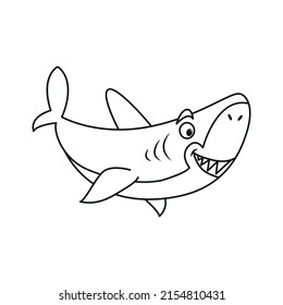 Coloring page of cartoon shark. Coloring book design for kids and children.Underwater world. Black and white vector illustration.