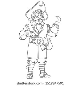 Coloring page. Cartoon ship sailor or pirate with one eye and hand hook. Colouring picture. Childish design for kids activity coloring book.