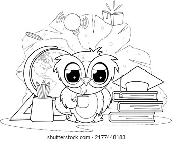 Coloring page. Cartoon sleepy owl with a cup and study supplies