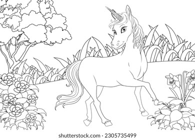 Coloring page of cartoon smiling cute  unicorn, black and white outline Children Coloring page design