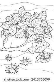 The coloring page with the cartoon snail sleeping under the strawberry bush and the little ladybug who is sleeping near