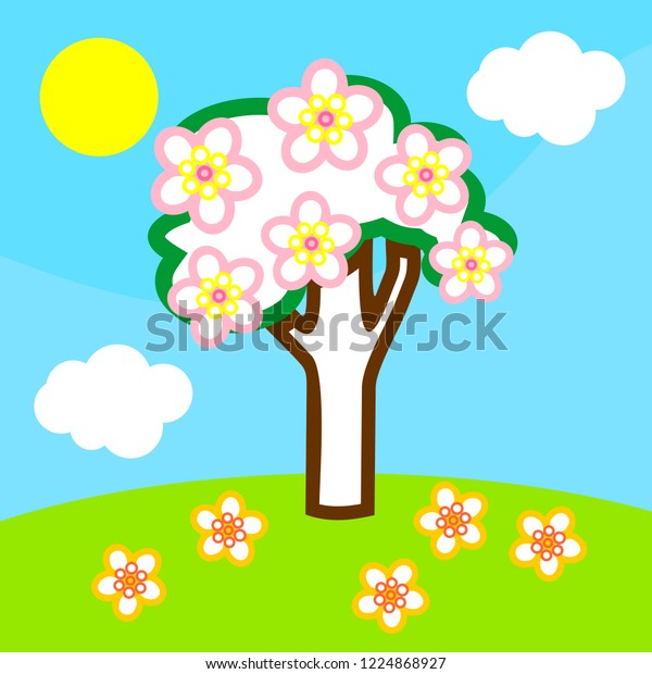 coloring page cartoon spring landscape flowering stock