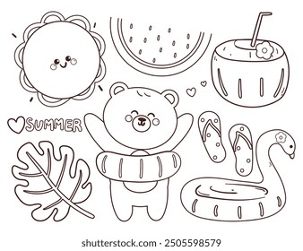coloring page cartoon summer sticker set. cute sticker for summer season, doodle set for coloring book
