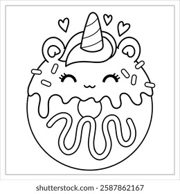 Coloring page cartoon sweets yummy. Book page donut, cake, milkshake, chocolate.